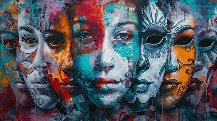 A painting of four women with different faces and masks