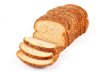 whole wheat bread with sliced grains and seeds isolated on white background