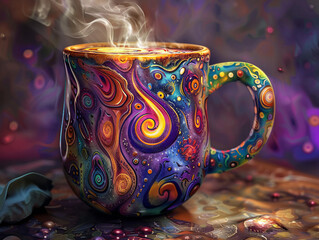 A colorful coffee mug with swirls and patterns on it