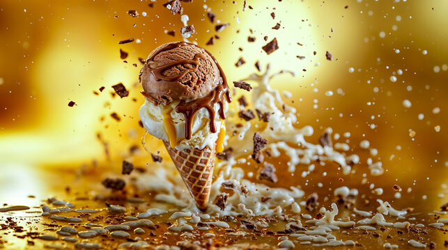 une glace en c&ocirc;ne chocolat vanille avec &eacute;clats de chocolat autour, photographie publicitaire