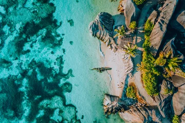 Foto auf Acrylglas Anse Source D'Agent, Insel La Digue, Seychellen Aerial photo of famous paradiselike tropical beach Anse Source D Argent at La Digue island, Seychelles. Summer vacation, travel and lifestyle concept