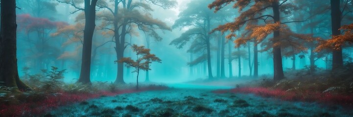 teal foggy fantasy forest landscape background from Generative AI