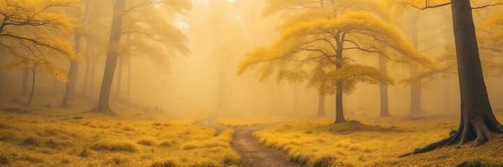 yellow foggy fantasy forest landscape background from Generative AI