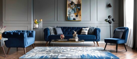 Actual image of a stylish living room space featuring a blue couch, armchair, coffee table, patterned carpet, and artwork displayed on the gray wall.