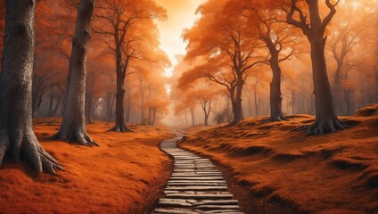 orange theme fantasy forest landscape with pathway and dense trees background from Generative AI