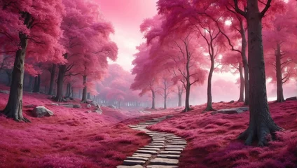 Foto op Plexiglas pink theme fantasy forest landscape with pathway and dense trees background from Generative AI © SevenThreeSky