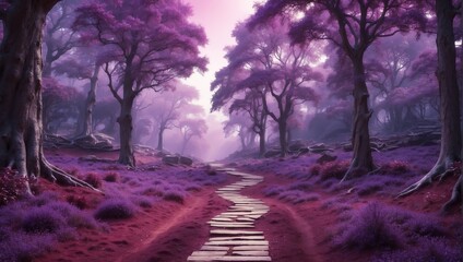 purple theme fantasy forest landscape with pathway and dense trees background from Generative AI