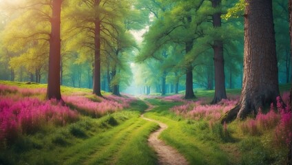 summer spring theme fantasy forest landscape with pathway and dense trees background from Generative AI