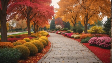 autumn flowers trees and bushes landscaping in park with alley stone walkway path from Generative AI