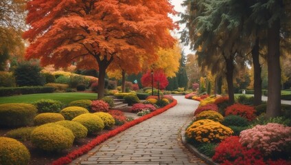 autumn flowers trees and bushes landscaping in park with alley stone walkway path from Generative AI