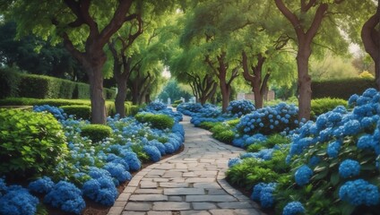 blue flowers trees and bushes landscaping in park with alley stone walkway path from Generative AI