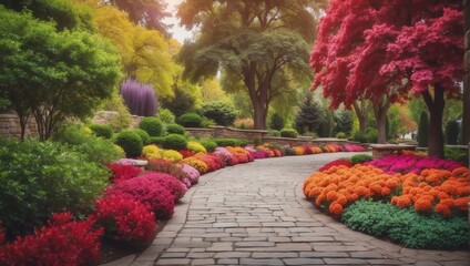 colorful flowers trees and bushes landscaping in park with alley stone walkway path from Generative AI
