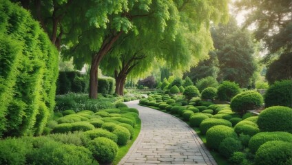 green flowers trees and bushes landscaping in park with alley stone walkway path from Generative AI