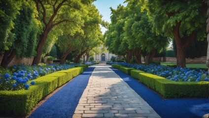 royal blue flowers trees and bushes landscaping in park with alley stone walkway path from Generative AI