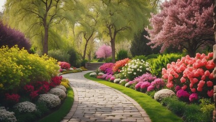 spring flowers trees and bushes landscaping in park with alley stone walkway path from Generative AI