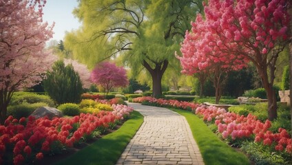 spring flowers trees and bushes landscaping in park with alley stone walkway path from Generative AI