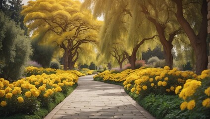yellow flowers trees and bushes landscaping in park with alley stone walkway path from Generative AI