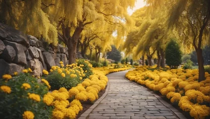 Deurstickers yellow flowers trees and bushes landscaping in park with alley stone walkway path from Generative AI © SevenThreeSky
