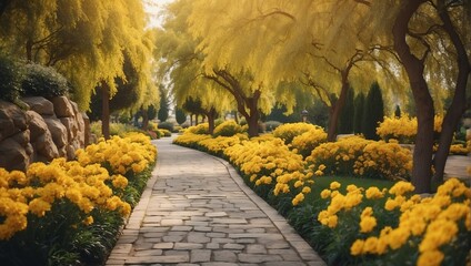 yellow flowers trees and bushes landscaping in park with alley stone walkway path from Generative AI