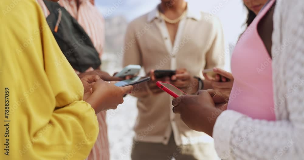 Poster typing, online and group outdoor with phone for communication on social media, app or post. share, c
