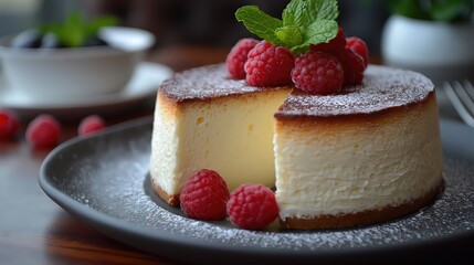 Fresh Raspberry Cheesecake on Rustic Table