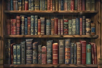 vintage bookshelf with rows of antique books creating nostalgic library backdrop digital illustration