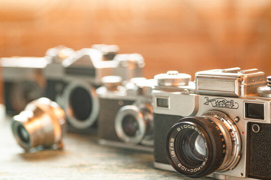collection of vintage cameras and lenses. Soviet cameras close-up. selective focus