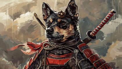 A dog is dressed in a samurai costume and holding a sword