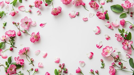 Fototapeta na wymiar A round frame crafted from delicate pink flowers and petals adorned with vibrant green leaves set against a white background with a charming floral pattern Presented in a flat lay style fro