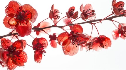 Nature Photography. Red Flowers with Dew Drops on White Background.