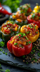 Beautiful presentation of Stuffed Bell Peppers, hyperrealistic food photography