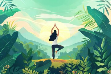 woman doing yoga in serene nature landscape healthy lifestyle and wellness concept banner illustration - obrazy, fototapety, plakaty