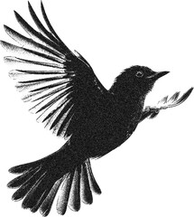 Flying black bird halftone pointillism vector illustration