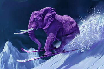A purple elephant is skiing down a snowy mountain - obrazy, fototapety, plakaty