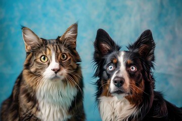tabby cat and border collie dog in front of a blue gradient background - generative ai