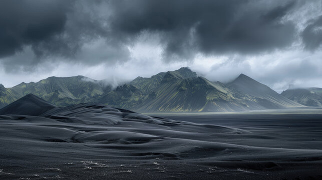 Desolate black sand desert landscape with mountains under a cloudy sky