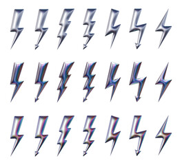 Lightning bolt symbols in three-dimensional Y2K holographic chrome styles isolated on transparent background. 3D rendering