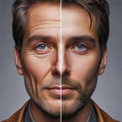 Two halves of a face with an old and a young half. Comparing old and young. Anti-aging. Life extension. Biological clock. Reversal of aging. Biological immortality. Anti-ageing. Generative AI