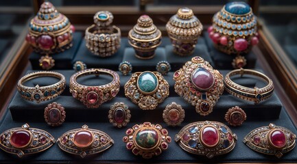 Fototapeta premium Various exquisite and beautiful jewelry, diamond jewelry, gemstone rings, necklaces and gold