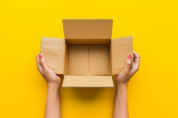 womans hands holding empty open cardboard box on vibrant yellow background top view product shot