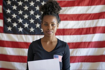 young african american woman proudly voting in usa election portrait with american flag background