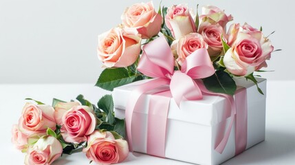 A beautifully wrapped white gift box topped with a delicate pink ribbon accompanied by a vibrant bouquet of roses all set against a crisp white backdrop Perfect for celebrating Valentine s 