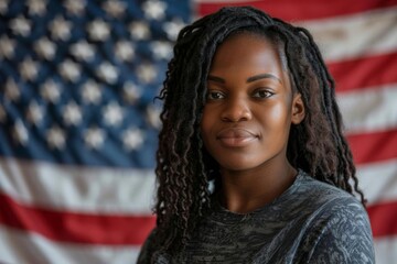young african american woman proudly voting in usa election portrait with american flag background