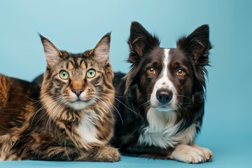 tabby cat and border collie dog in front of a blue gradient background - generative ai