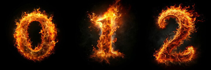 Numbers 0, 1, 2. Fire Alphabet: Intensely Fiery Lettering - obrazy, fototapety, plakaty