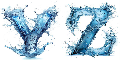 Letters Y, Z. Water Alphabet: ultra-realistic water splash effect.