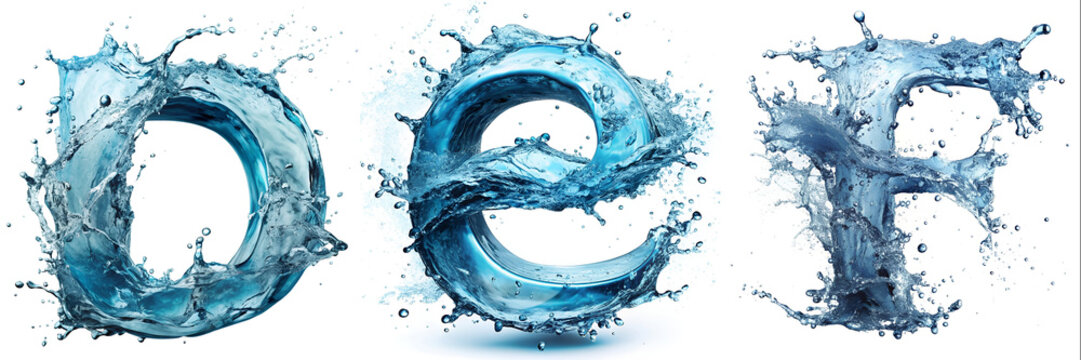 Letters D, E, F. Water Alphabet: ultra-realistic water splash effect.