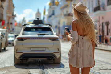 Woman in a hat calling an autonomous taxi on an European street
