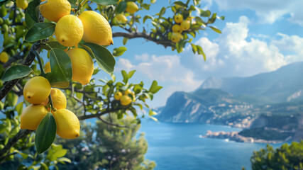Bright ripe lemons on the tree on the background of the Mediterranean city, sea coast surrounded by green mountains - obrazy, fototapety, plakaty