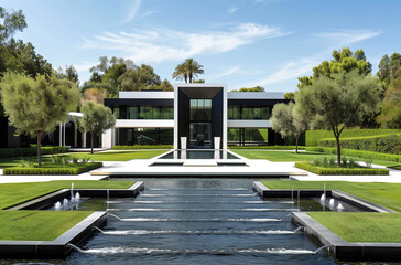 Luxury modern villa exterior with green garden, fountain and forest view